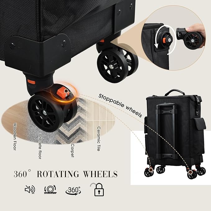 Stagiant Rolling Makeup Case 4 in 1 Soft Sided Professional Cosmetology Case on Wheels Freelance Makeup Artist Nylon Cosmetic Organize Storage Nail Technician Hair Stylist 3 Drawers Black