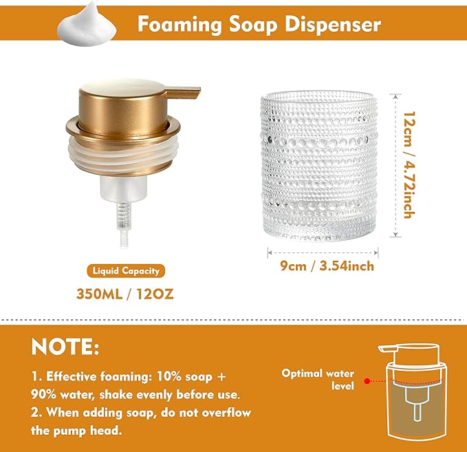 12 Oz Glass Foaming Soap Dispenser with Gold Pump, Clear Refillable Liquid Hand Soap Bottles for Bathroom, Cute Decorative Lotion Container for Dish Soap, Hand Soap