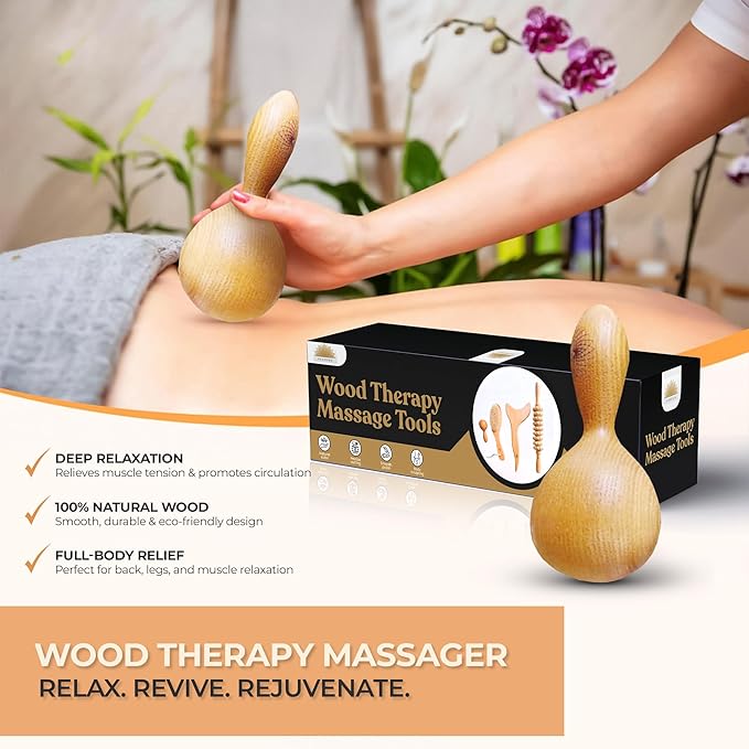 Wood Therapy Massage Tools 4 Pcs, Lymphatic Drainage Massager, Maderoterapia Kit, Anti Cellulite Complete Body Sculpting Tools for Total Relaxation & Relief (4 Pack)