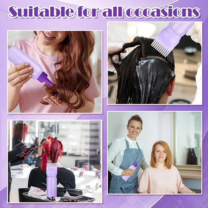 Root Comb Applicator Bottle Oil Applicator for Hair Dye Hair Oiling Bottle with 2 Types Caps and Graduated Scale, 6 Ounce (Purple)