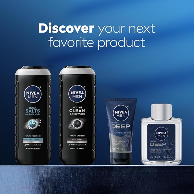 NIVEA MEN Deep Clean Rock Salts Body Wash with Scrub Particles and Natural Rock Salt,Exfoliating Body Wash for Men,Cleanses Without Drying Skin,16.9 Fl Oz Bottle,(Pack of 6)