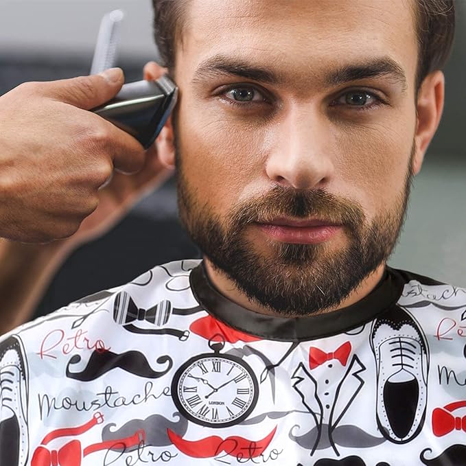 Men's Barber Cape For Hair Stylists- Home Hair Cuts - Salons - Snaps, Retro Mustache Design