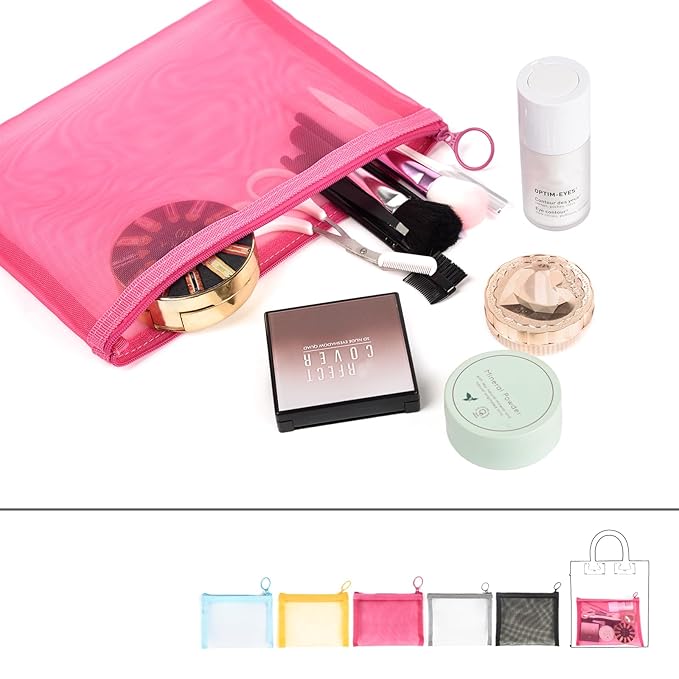 patu Zipper Mesh Bags, Pack of 5 (XS/S/M/L & Long Pouch), Beauty Makeup Cosmetic Accessories Organizer, Travel Toiletry Kit Set Storage Case, Pink