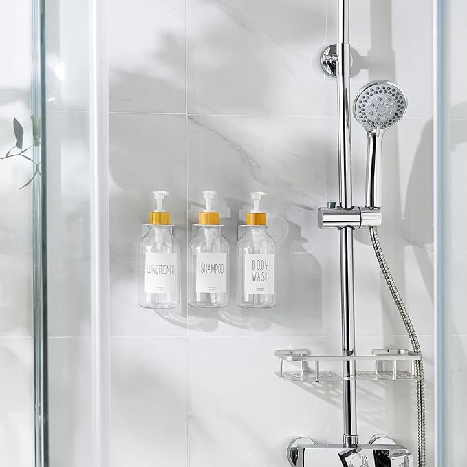 VITVITI Shampoo and Conditioner Dispenser, Body Wash Shower Soap Dispenser Wall Mounted 3 Chamber, Drill Free 17oz Plastic Shower Bottles for Bathroom, Clear 3 Sets