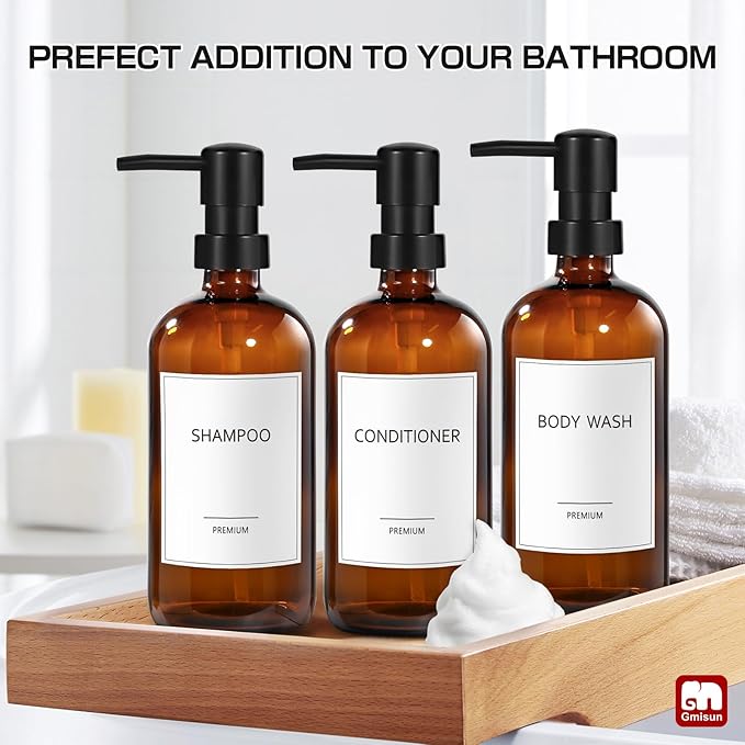 GMISUN Glass Shampoo and Conditioner Dispenser, Shower Soap Dispenser Bottles with Labels, Refillable Shampoo Conditioner Body Wash Dispensers, Amber Glass Soap Pump Dispenser Set for Bathroom Shower