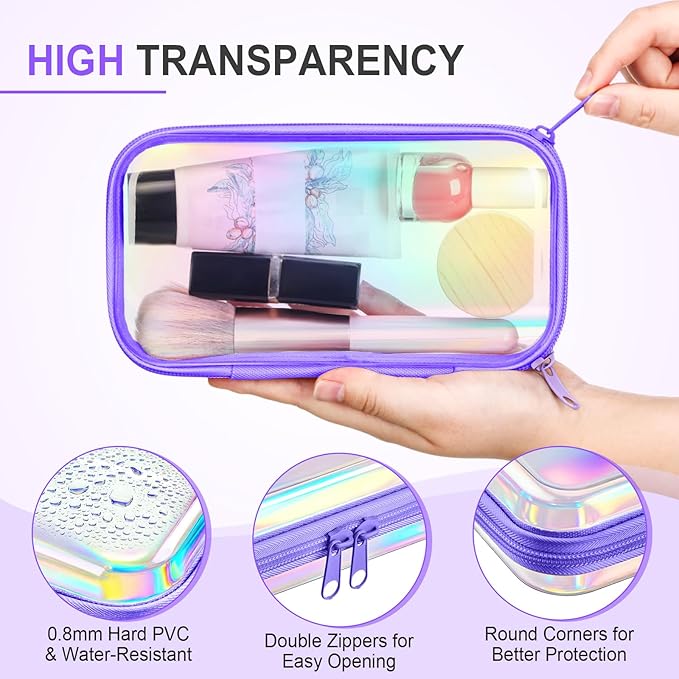 Hoolerry 4 Pcs Hard Clear Zipper Case Makeup Bags Plastic Zipper Pouch Transparent Storage Box Containers for Cosmetics, Snacks, Building Blocks, Puzzles(Clear,7.5 x 3.9 x 2 in,Purple Laser)