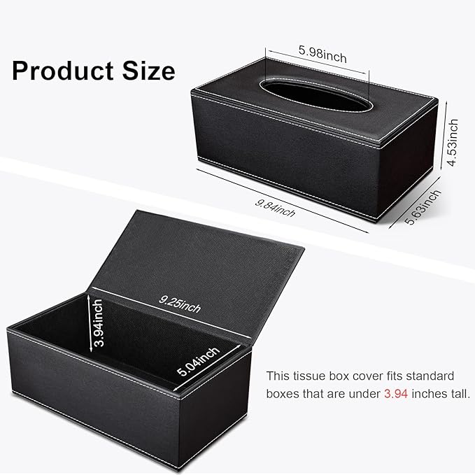 Tissue Box Cover Rectangular, PU Leather Tissue Box Holder for Kleenex, Napkin, Tissue Box Cover Rectangle, Tissue Holder for Bathroom Car Home Decorative 9.84"X5.63"X4.53" - Black