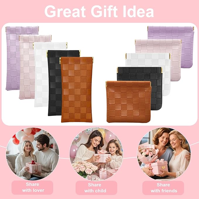 4Pcs Small Makeup Bag for Purse, Mini Checkered Leather Purse Pouches for Purse Small Makeup Pouch Small Coin Purse Organizer Pouches, Portable No Zipper Pocket Cosmetic Bag for Women (Pink, Purple)