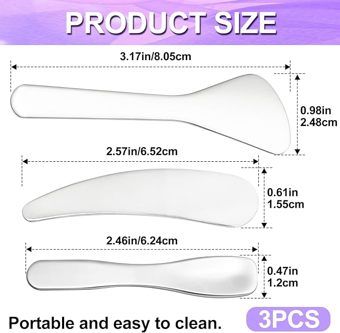 3pcs Mini Stainless Steel Makeup Spatula, Reusable Cosmetic Cream Spatulas Spoon, Skincare Scoop Applicator Facial Massage Beauty Tools for Mixing and Sampling Face Eye Cream- Silver