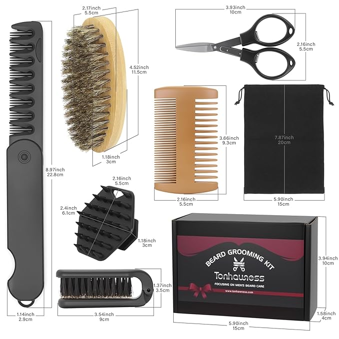 Beard Brush Beard Comb Set for Men, 7 IN 1 Facial Hair Grooming Kit with Boar Bristle Beard Brush, Wood Beard Comb, Silicone Soft Cleaning Brush, Mustache Scissors, Travel Foldable Beard Brush Comb