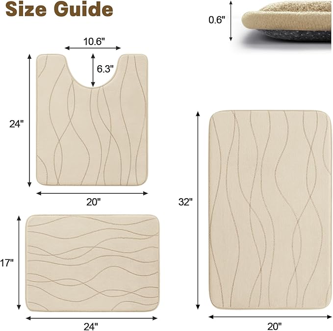 YIHOUSE Memory Foam Bathroom Rug Sets 3 Piece, Ultra Absorbent Bath Mat for Bathroom - Non-Slip Machine Washable & Dry Quickly, 3 Piece Bathroom Mat Set,Khaki