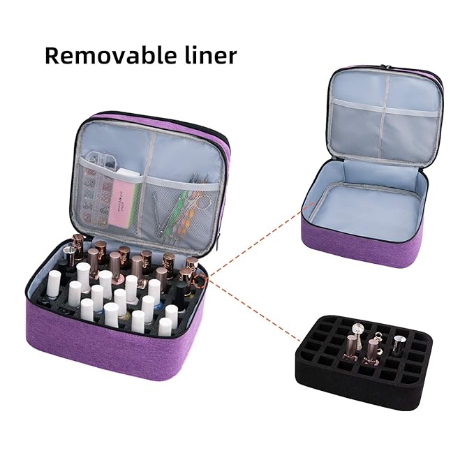 Travel Nail Polish Organizer Double Layer Carrying Case for Fingernail Polish, Holds 30 Bottles (15ml) with Dividers Portable Large Storage Case for Gel Nail Polish, purple (BAG ONLY)