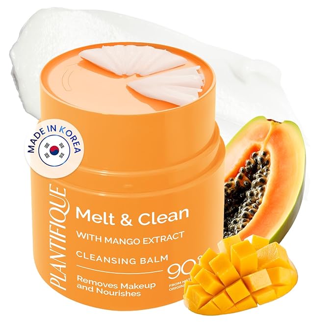 PLANTIFIQUE Korean Cleansing Balm Makeup Remover with Mango, Hyaluronic Acid, and Ceramide - Nourishing Melting Cleanser for All Skin Types, 1.41 oz / 40 g