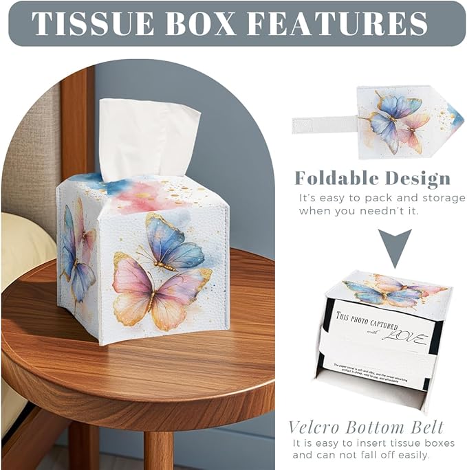 Butterfly Tissue Box Cover Metallic Gold Accents Blue Orange Wing Art Square PU Leather Waterproof Tissue Box Holder for Car Bathroom Bedroom Office Tabletop Decor
