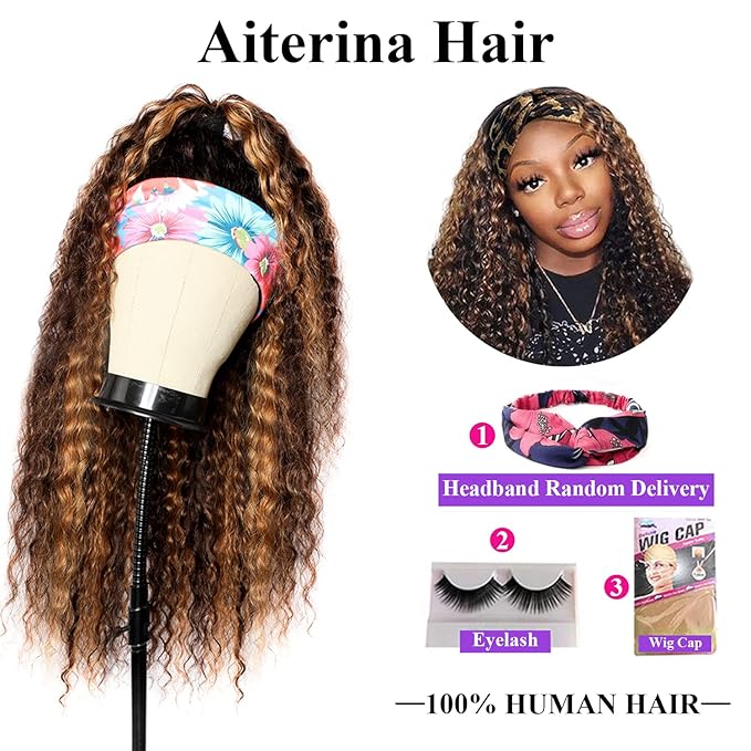 Aiterina 18 Inch Highlight Ombre Headband Wig Deep Wave Human Hair Wigs None Lace Front Machine Made Colored Wig Natural Hairline Half Wigs for Black Women 150% Density