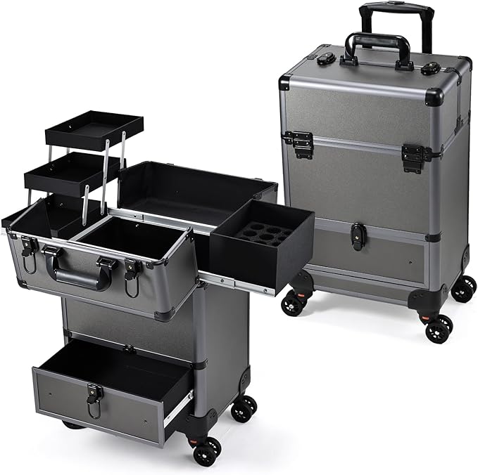 Hododou Rolling Makeup Case Cosmetic Travel Trolley Storage Sliding Drawer 4 Tray Makeup Travel Case with Wheels Salon Barber Case Traveling Cart Trunk for Cosmetologist Nail Tech Hairstylist Grey