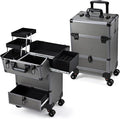 Hododou Rolling Makeup Case Cosmetic Travel Trolley Storage Sliding Drawer 4 Tray Makeup Travel Case with Wheels Salon Barber Case Traveling Cart Trunk for Cosmetologist Nail Tech Hairstylist Grey