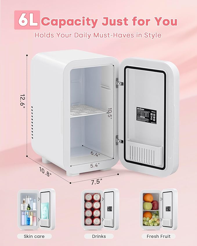 Enventor Mini Skincare Fridge Small Refrigerator for Bedroom, Beauty Fridge for Makeup with Dimmable LED Mirror, 6 L / 8 Cans Compact Portable Cooler for College Dorm, Office, Car, White