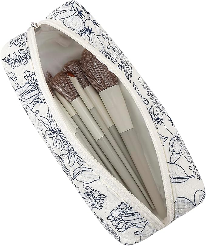Cute Floral Makeup Brush Bag Small Cotton Quilted Cosmetic Bag for Women Travel Toiletry Zipper Make Up Pouch (Navy Floral)