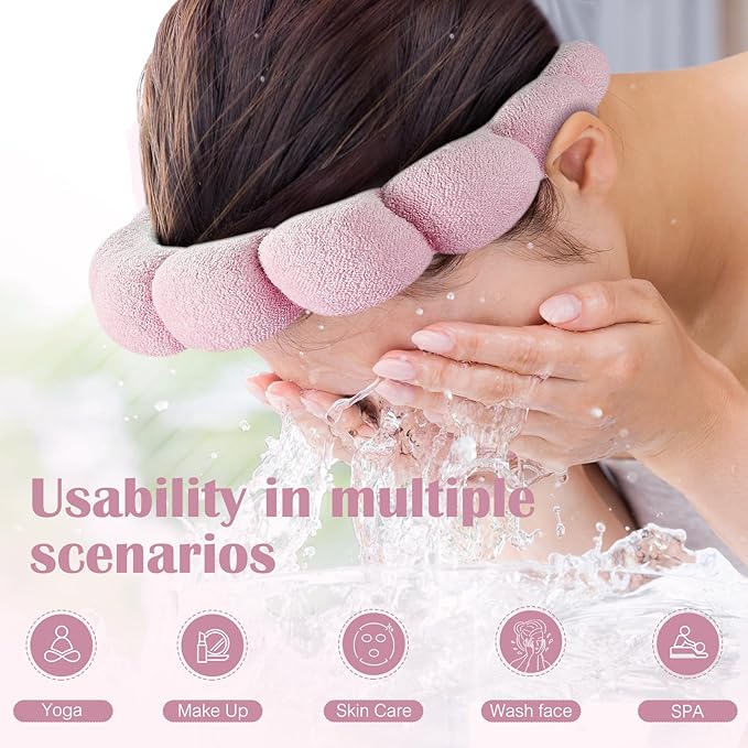 Headband, Set of 2 - Terry Cloth Spa Headbands for Washing Face or Facial, Puffy Makeup Headbands for Face Washing, Mask - 1 Beige + 1 Pink