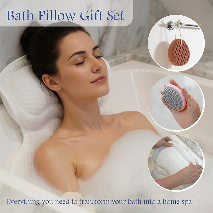Bath Pillows for Tub Neck and Back Support Luxury Bathtub Pillow 4D Mesh Bath Pillow with Non-Slip Suction Cups Spa Bathtub Accessories Set with Bath Sponge & Scalp Massage Brush Relax Gifts for Women