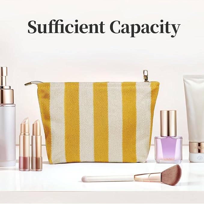 Yellow Striped Makeup Bag for Women, Canvas Cosmetic Bag, Travel Pouch for Purse, Zipper Makeup Pouch, Perfect for Storing Makeup Accessories, Daily Make up Organizer Gifting, Car Cosmetic Organizer