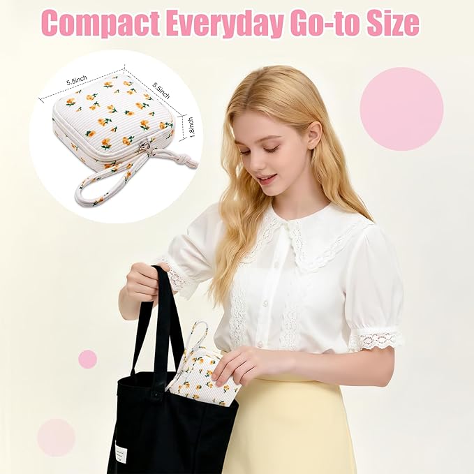 Small Makeup Bag | Discreet Period Bag Pad Pouch for Purse| Sanitary Napkin Storage & Tampon Holder for Travel (Flower yellow)