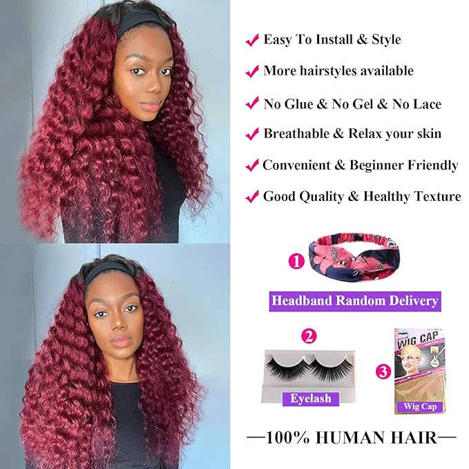 Aiterina Headband Wig deep wave human hair wigs for Black Women Brazilian Remy Hair Glueless Non Lace Front Wig 150% Density (10 inch, 1B/99J)