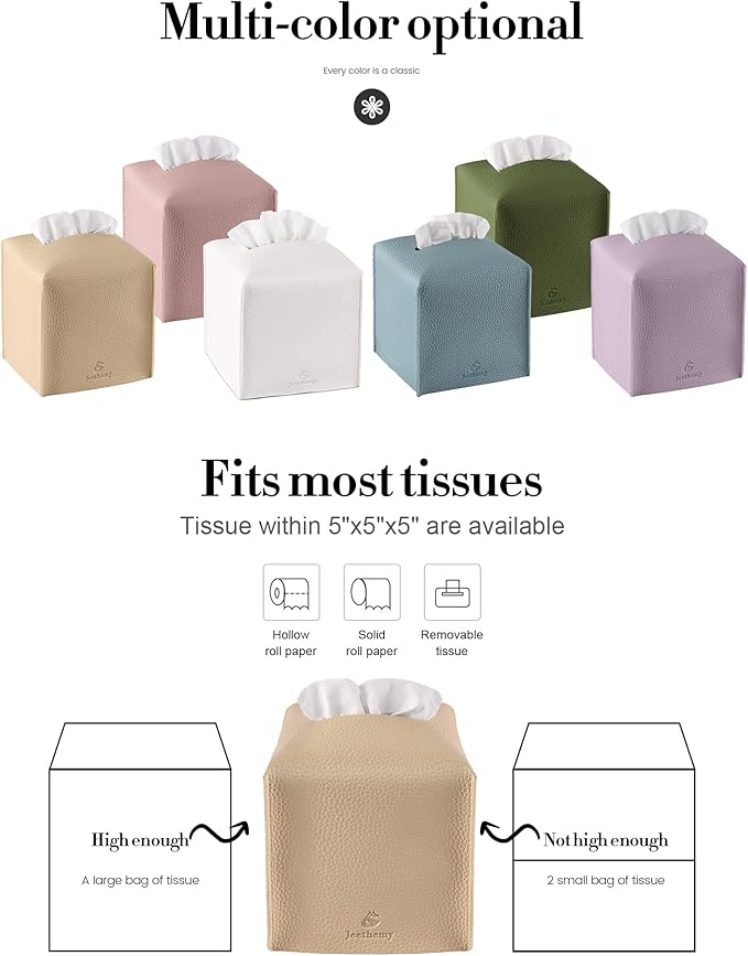 Tissue Box Cover, Jeethemy Square PU Leather Tissue Box Holder, Modern Tissue Case Facial Paper Organizer Dispenser，5X5X5'',Three Beige