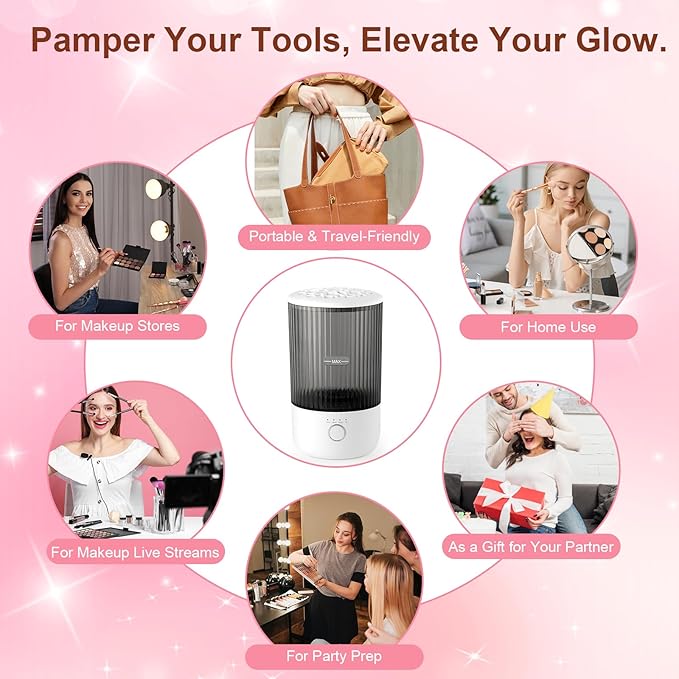 Electric Makeup Brush Cleaner with 4 Timer Settings, Portable Automatic Makeup Brush Cleaner Machine for Travel and Home Use, One-Touch Cleaning with 1800mAh Rechargeable Battery for All Brush Sizes