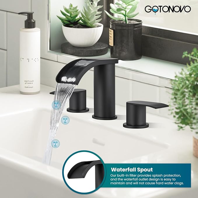 gotonovo Waterfall 8 inch Widespread Bathroom Faucet Set Bathroom Sink Faucet 3 Hole 2 Handle Vanity Lavatory Deck Mount with Pop Up Drain and Water Supply Lines Round Body Matte Black