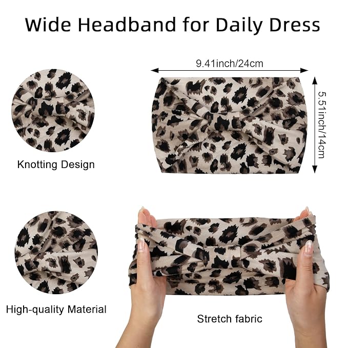 Huachi Wide Headbands for Women African Leopard Printed Head Bands for Women’s Hair Knotted Non Slip Headwrap Turban Sport Yoga Girls Bandeau Hair Accessories (Pack of 4)