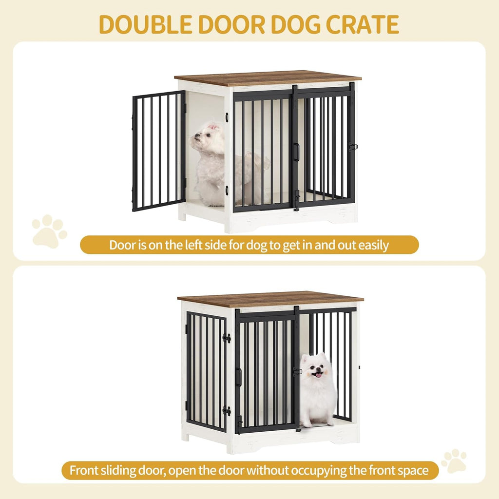 27.2" Dog Crate Furniture with Barn Door, Heavy Duty Dog Kennel Indoor with 2 Doors, Wooden Pet Cage End Table for Small Medium Dogs up to 22 lb, Anti-Chew Anti-Escape, White Brown DFC84314B