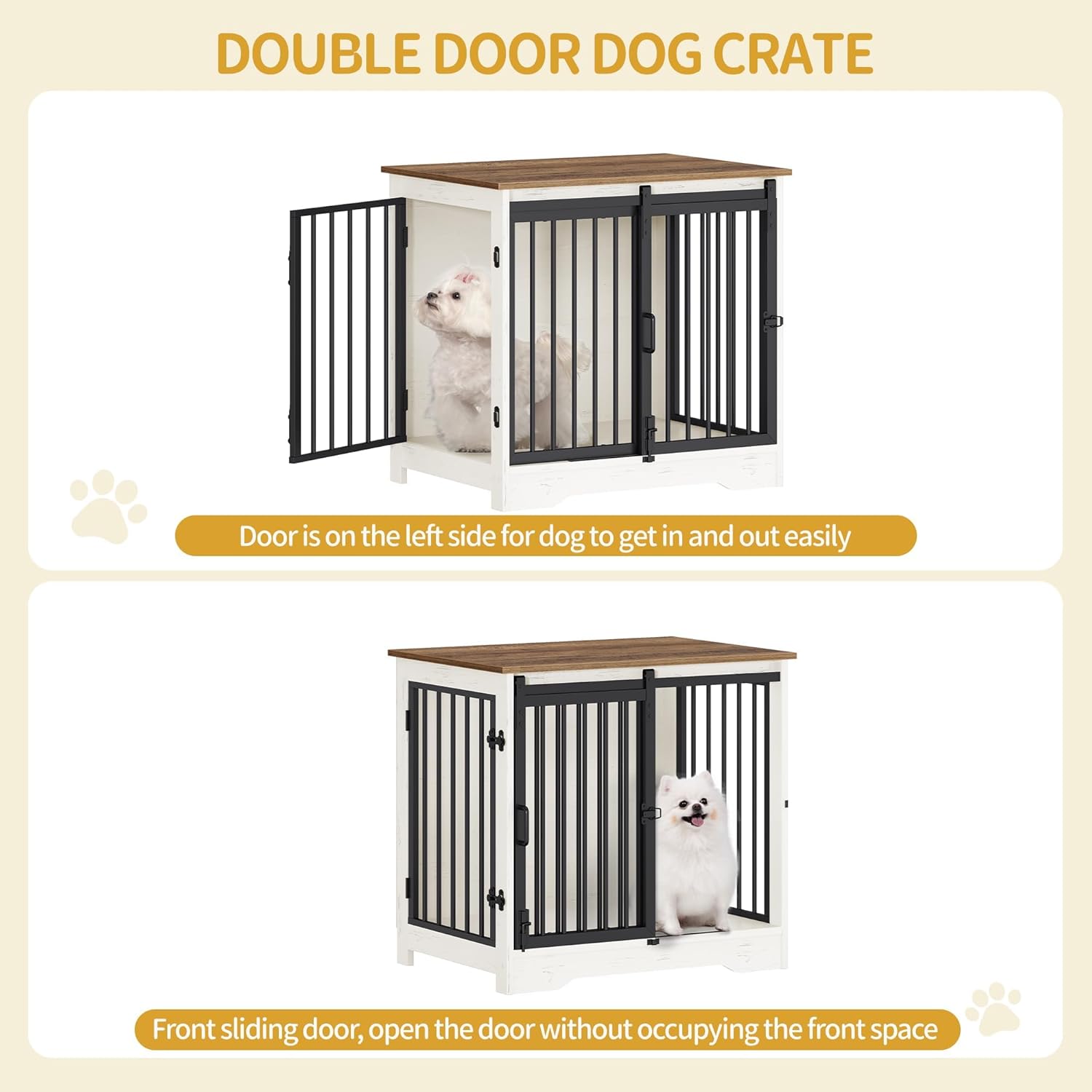 27.2" Dog Crate Furniture with Barn Door, Heavy Duty Dog Kennel Indoor with 2 Doors, Wooden Pet Cage End Table for Small Medium Dogs up to 22 lb, Anti-Chew Anti-Escape, White Brown DFC84314B