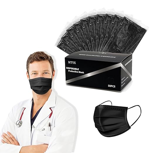 MTYX Black Disposable Face Masks 3 Ply 50PCS - Individually Wrapped - Durable - Odorless - Hygienic