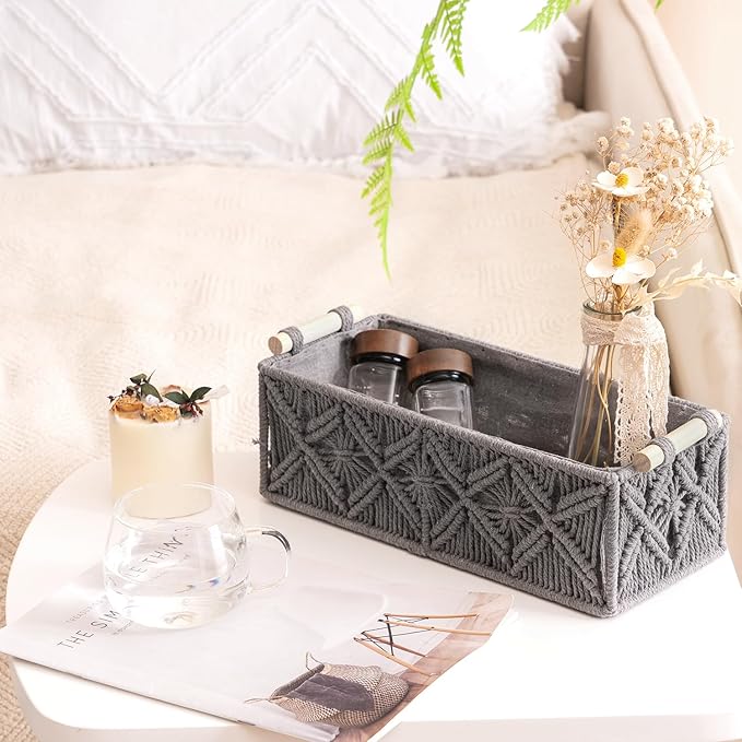 Nonam Macrame Storage Baskets, Boho Decor Style Woven Storage Boxes for Home Organization, Toilet Tank Shelf Cabinet Organizer Baskets,Set of 2,Grey