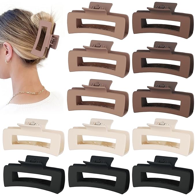 12 Pcs Large Hair Claw Clips for Thick Hair, 4.1 x 2.1 x 1.2 Inch, Square Hair Clips Jumbo Jaw Clips, Bulk Hair Accessories for Women and Girls - Brown