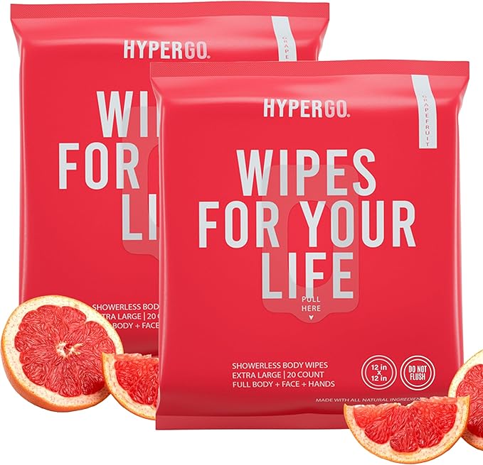 HyperGo XL Body Wipes for Women & Men – 12" x12" Rinse-Free Full Body Cleansing Wipes 2-20 Count Packs - Citrus | Biodegradable, Hypoallergenic, Aloe-Infused | Gym, Festival, Camping Essentials