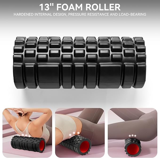 5-in-1 Foam Roller Set - Deep Tissue Muscle Recovery Kit with High Density Exercise Roller, Massage Ball, Resistance Band & Carry Bag for Physical Therapy & Pain Relief (Black)