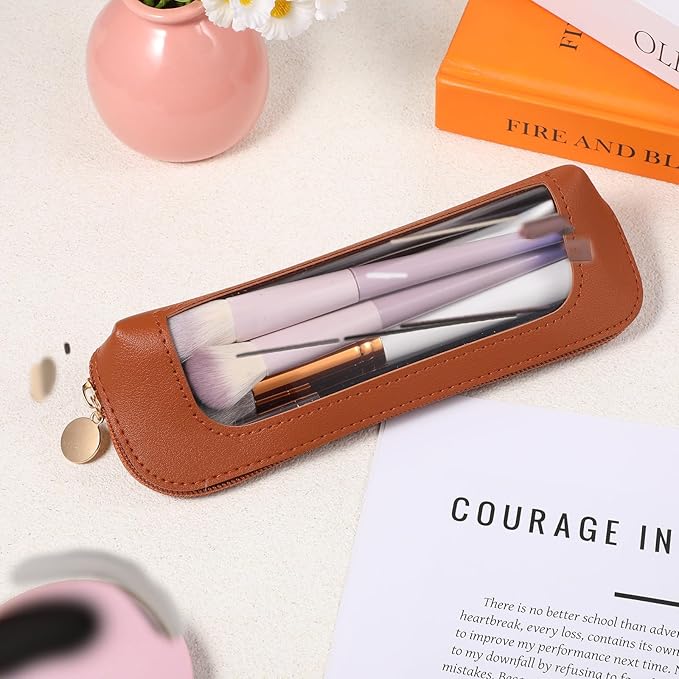Lusofie Small Makeup Brushes Bag, PU Leather Clear Makeup Brush Bag, Portable Make-up Brush Pouch with Zipper, Multi-use Cosmetic Organizer Bags for Women(Brown)
