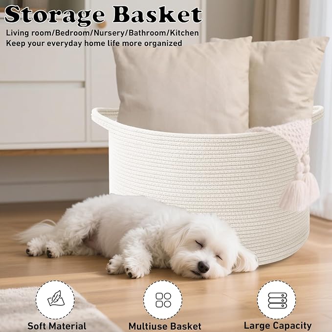 65L Large Blanket Basket,19.7" L x 19.7" W x 13" H Rope Woven Baskets with Handles, Toys Storage Bins,Laundry Basket Perfect for Living Room, Nursery,Bedroom,Home Organization,White