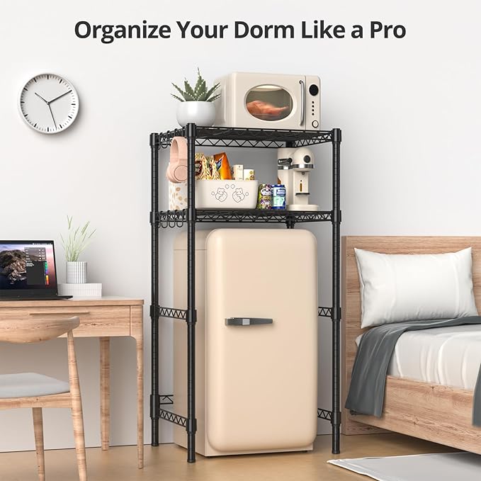 Mini Fridge Stand with Adjustable Shelf, 2 Tier Storage Rack Organizer for Refrigerator & Microwave, Storage Shelves and Space Saver for Dorm Room, Office, Kitchen, Apartment, Garage, Black