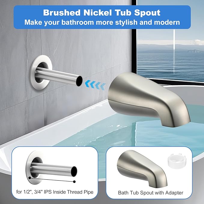 Universal Bath Tub Spout with Adapter, Bathtub Faucet Spout Without Diverter, 5" Length Bathtub Spout for 1/2'', 3/4'' IPS Inside Thread Connection and Tub/Shower Faucet (Brushed Nickel)