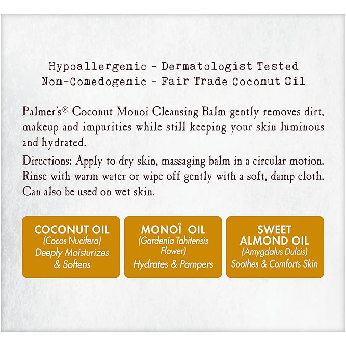 Palmer's Coconut Oil Formula, Coconut Monoi Facial Cleansing Balm and Makeup Remover, 2.25 Ounces