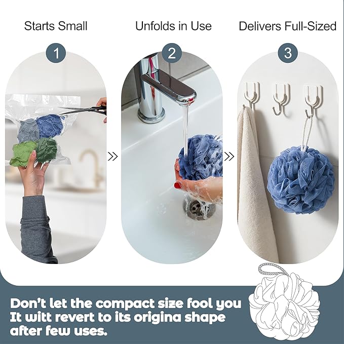 Shower Loofah Bath Sponge, 60G Loofah Exfoliating Body Scrubber, 4 Color Mesh Shower Pouf Balls for Body Wash (Blue Gray Green Dark Green)