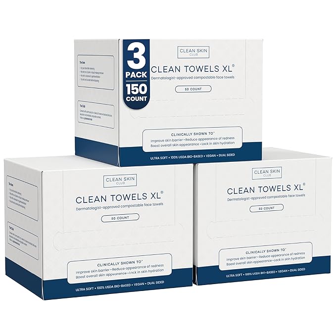 Clean Towels XL®, 100% USDA Biobased Face Towel, Disposable Face Towelette, Eczema Association Accepted, Makeup Remover Dry Wipes, Ultra Soft, 50 ct per pack, 3 Packs, 150 Ct Total
