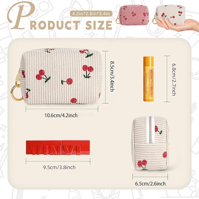 Mini Makeup Bag, Corduroy Small Cosmetic Bag for Purse with Ring Buckle, Cherry Travel Makeup Pouch for Lipsticks, Chapsticks, Coin, Earphone, Credit Card (Beige)