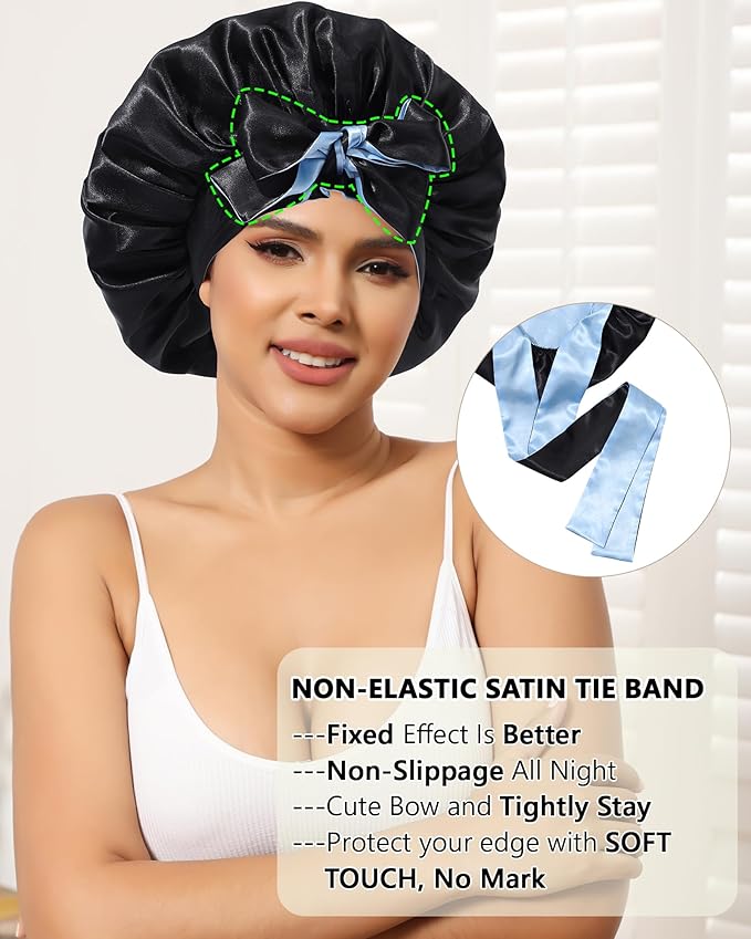 Satin Hair Bonnets for Women Curly Hair Wrap Reversible Bonnet with Tie Band Night Cap Double Layer Sleep Cap in Black + Blue