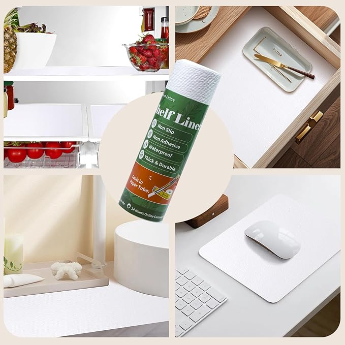Shelf Liners for Kitchen Cabinets Non Adhesive Drawer Liner 23.4in x 20FT Pure White Thickened Shelf Liner Strong Non-Slip Easy to Clean for Tool Box Refrigerator with Knife and Tape Measure