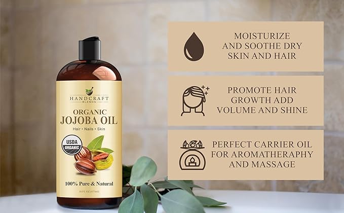 Handcraft Blends USDA Organic Jojoba Oil | Cold-Pressed | 16 Fl Oz | 100% Pure & Natural | for Hair, Skin & Face | Premium Grade Carrier Oil | for Massage & Aromatherapy | Hexane-Free